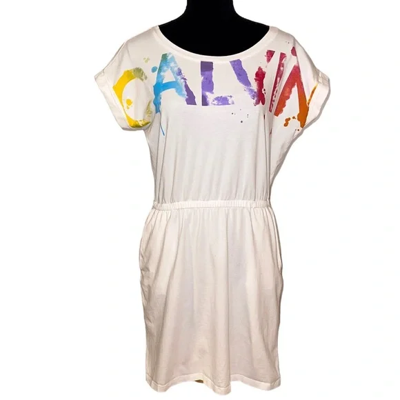 Calvin Klein | Dresses | Calvin Klein T Shirt Dress Watercolor Logo Graphic  Size Medium Short Sleeves | Poshmark